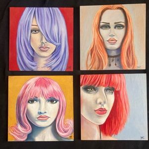 4 Original 8x8 oil paintings of wig mannequins
